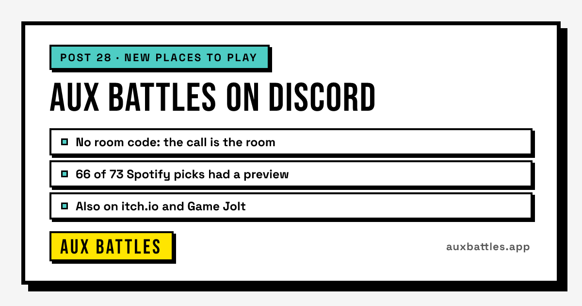 Aux Battles on Discord card from Aux Battles, showing No room code: the call is the room
